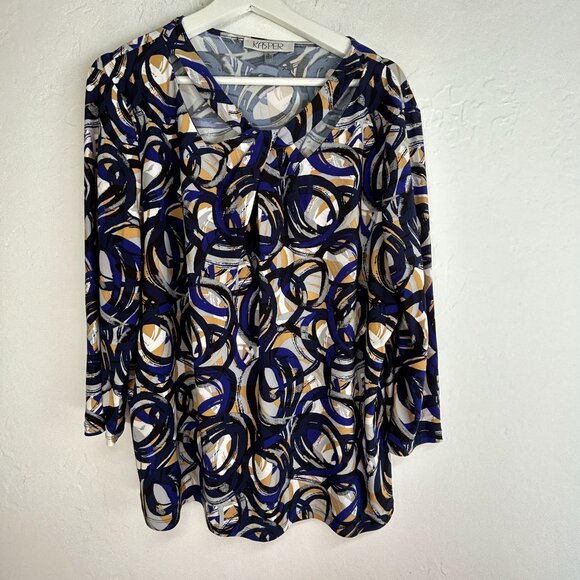 Kasper Womens Abstract Printed Twist-Neck 3/4-Sleeve Blouse Size XL Blue Stretch - Picture 1 of 7